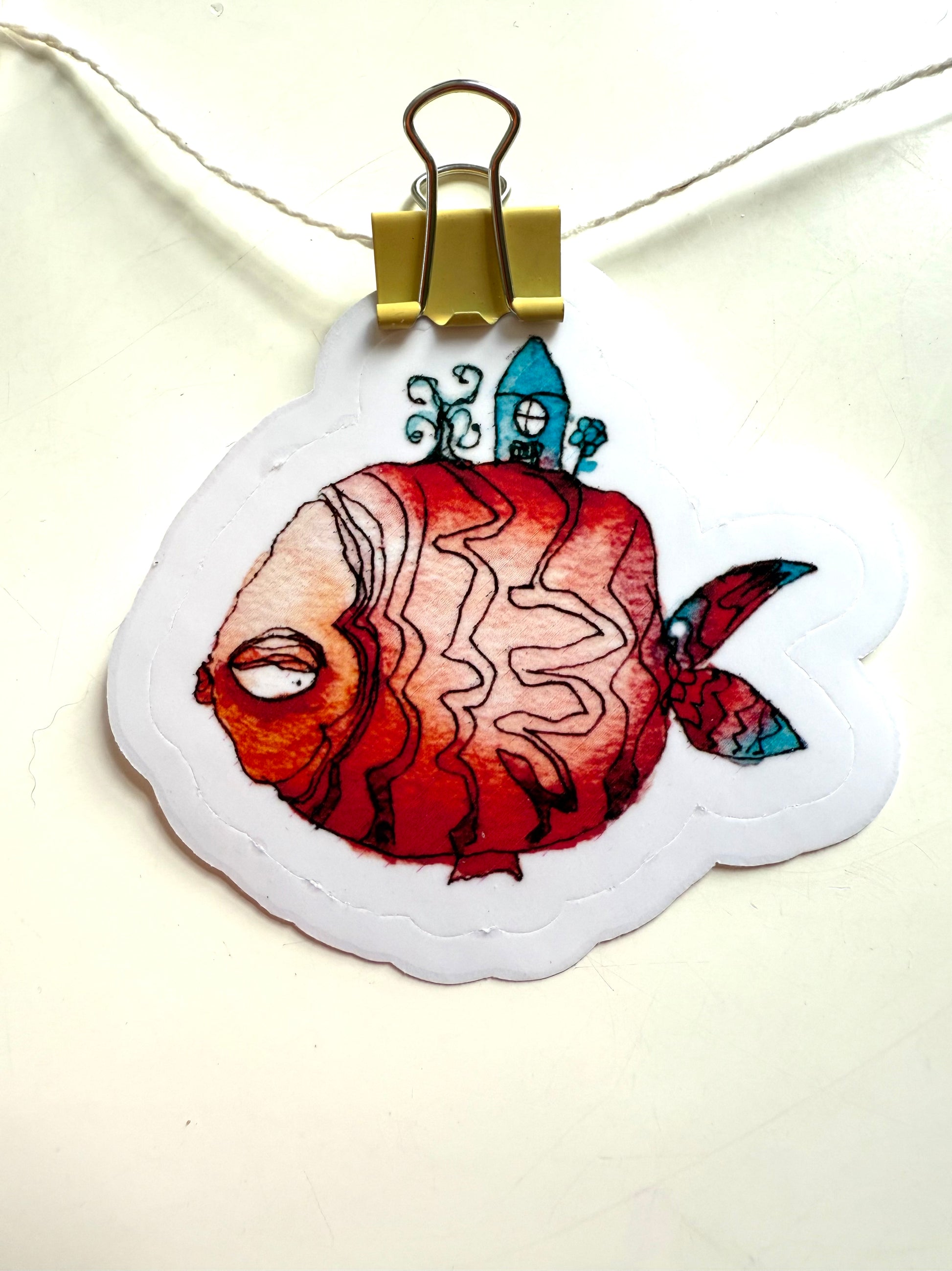 Die cut Red Fish with House and Tree - The Paper Hermit Logo - from watercolor and ink sketch