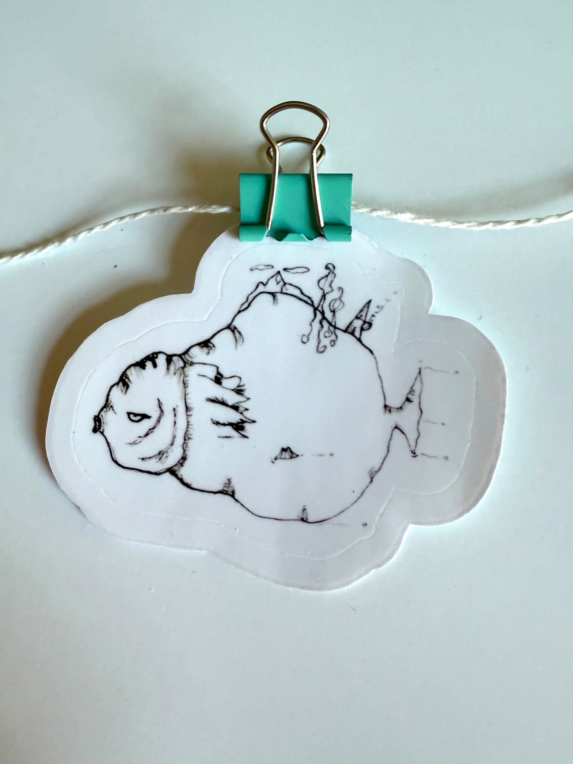 whimsical fish with mountain, house and trees - from ink sketch