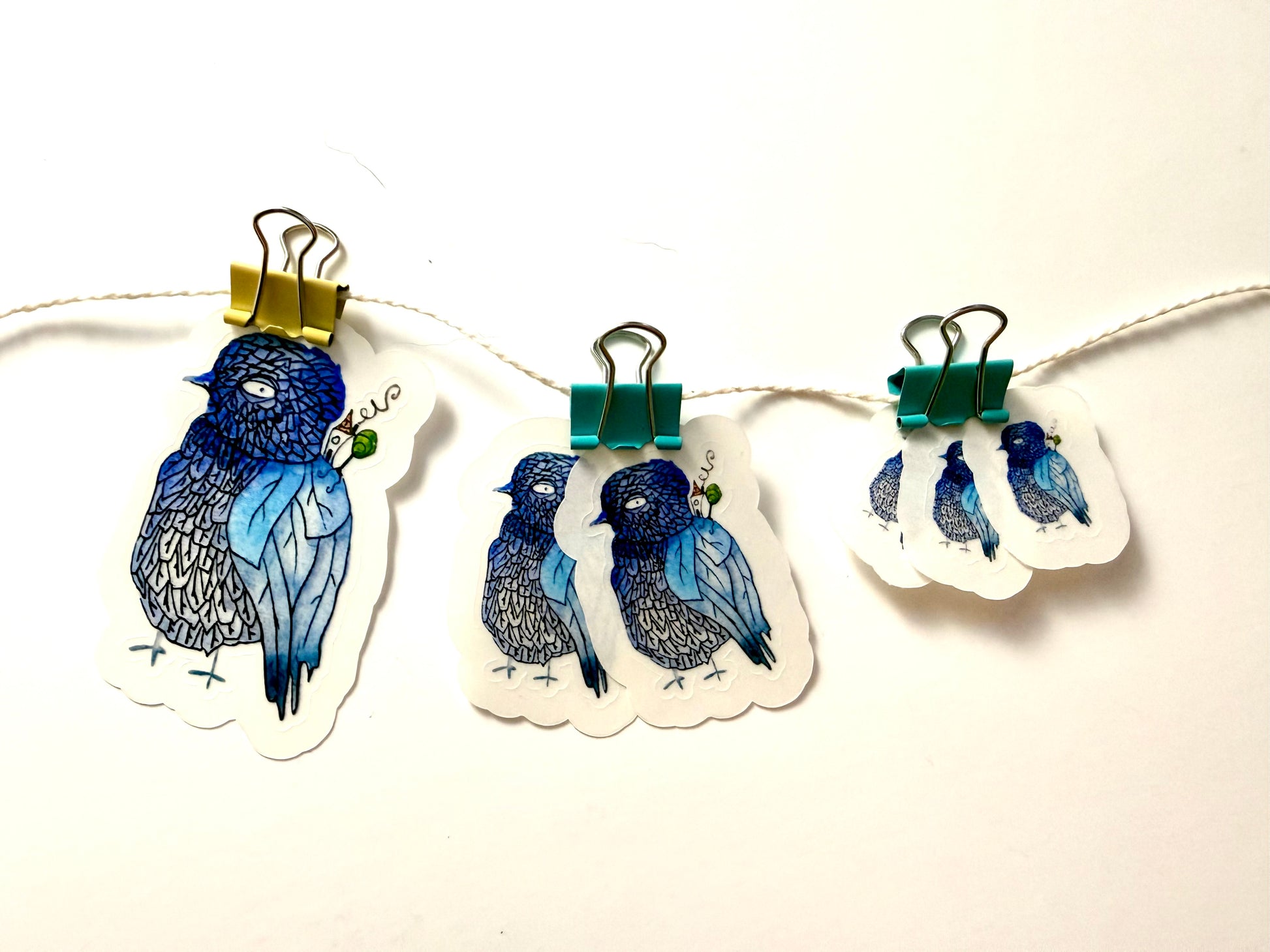 blue bird with house and tree - from watercolor and ink sketch - pack of 6