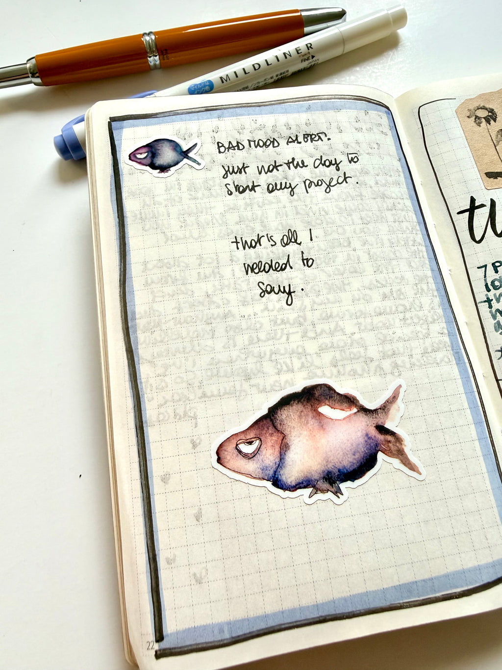 bad mood fish - pack of 6 stickers + 1 sheet: from 2 watercolor & ink sketches