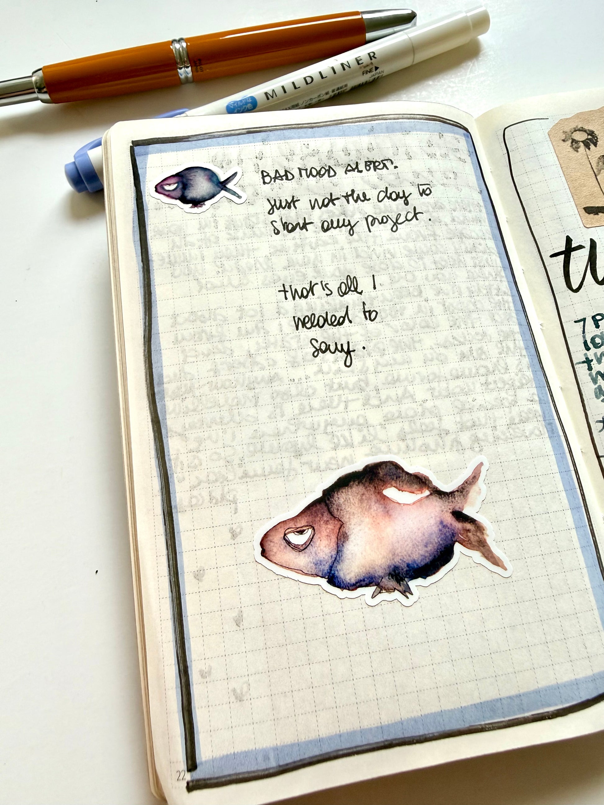 bad mood fish - pack of 6 stickers + 1 sheet: from 2 watercolor & ink sketches