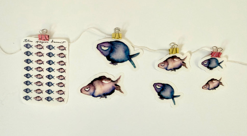bad mood fish - pack of 6 stickers + 1 sheet: from 2 watercolor & ink sketches