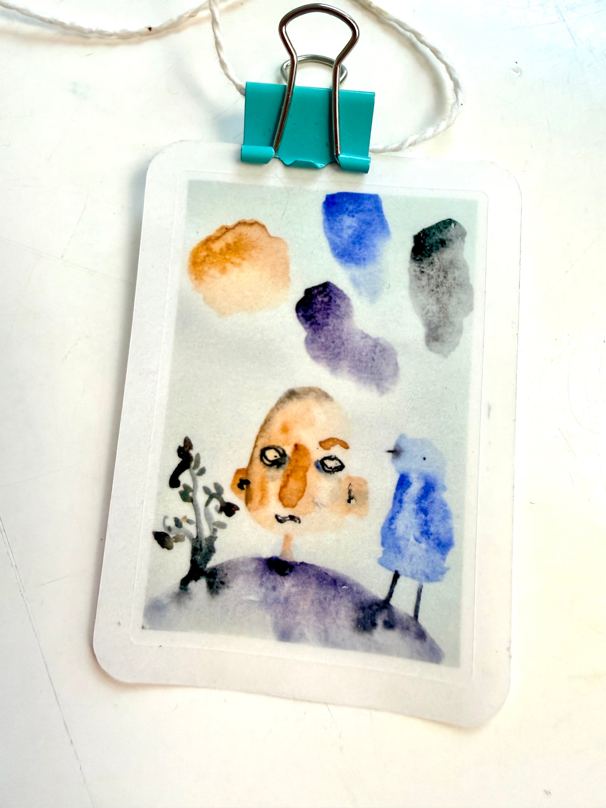 Franky with bird, tree and swatches - from watercolor sketch and swatching