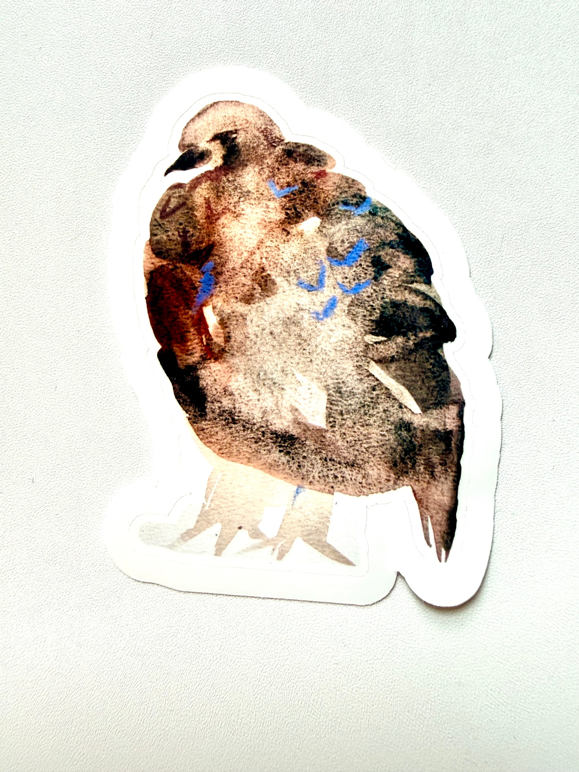 chubby brown and blue bird sticker - from watercolor sketch
