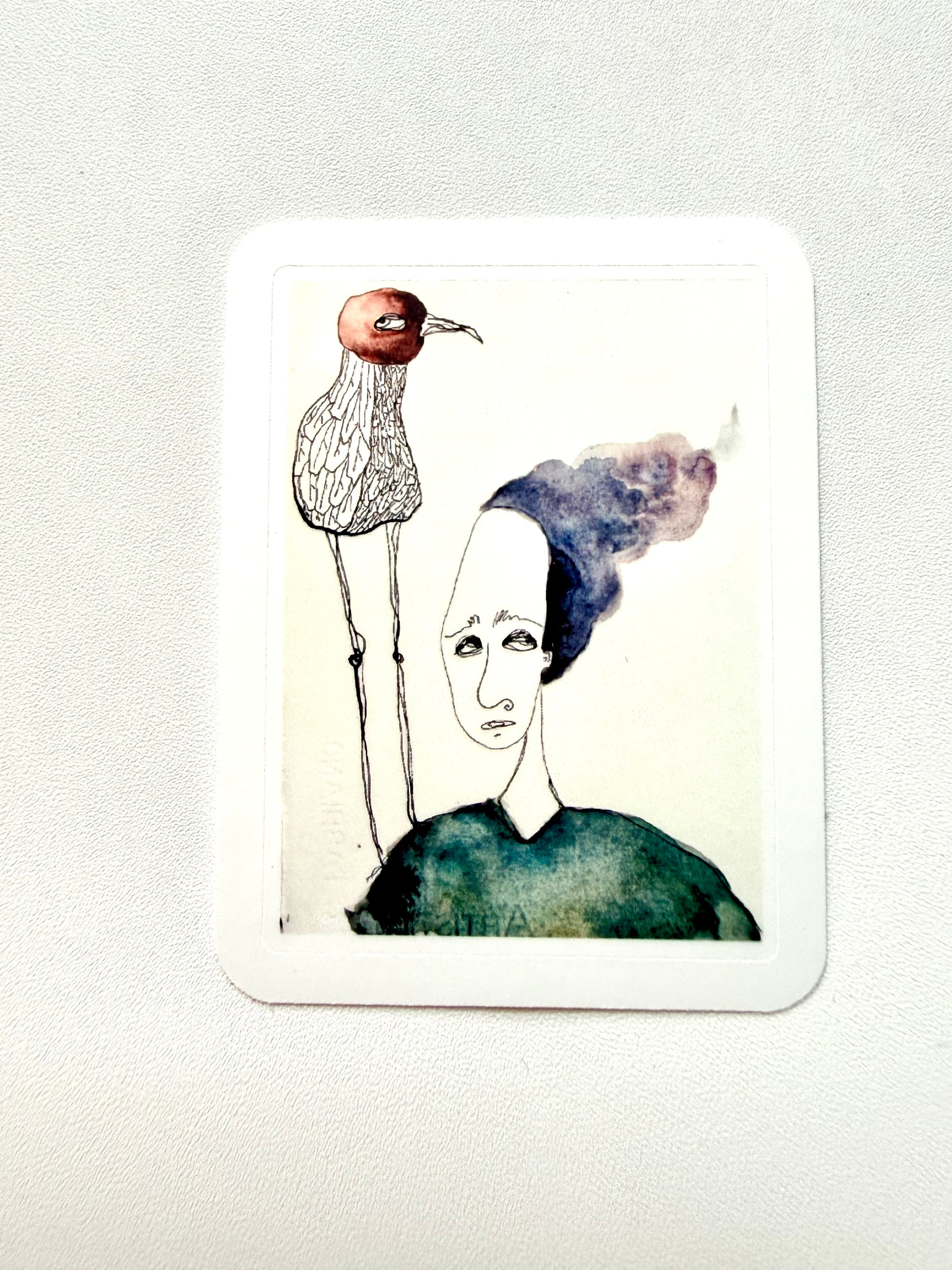 Portrait of a bird and a lady sticker - from watercolor and ink sketch