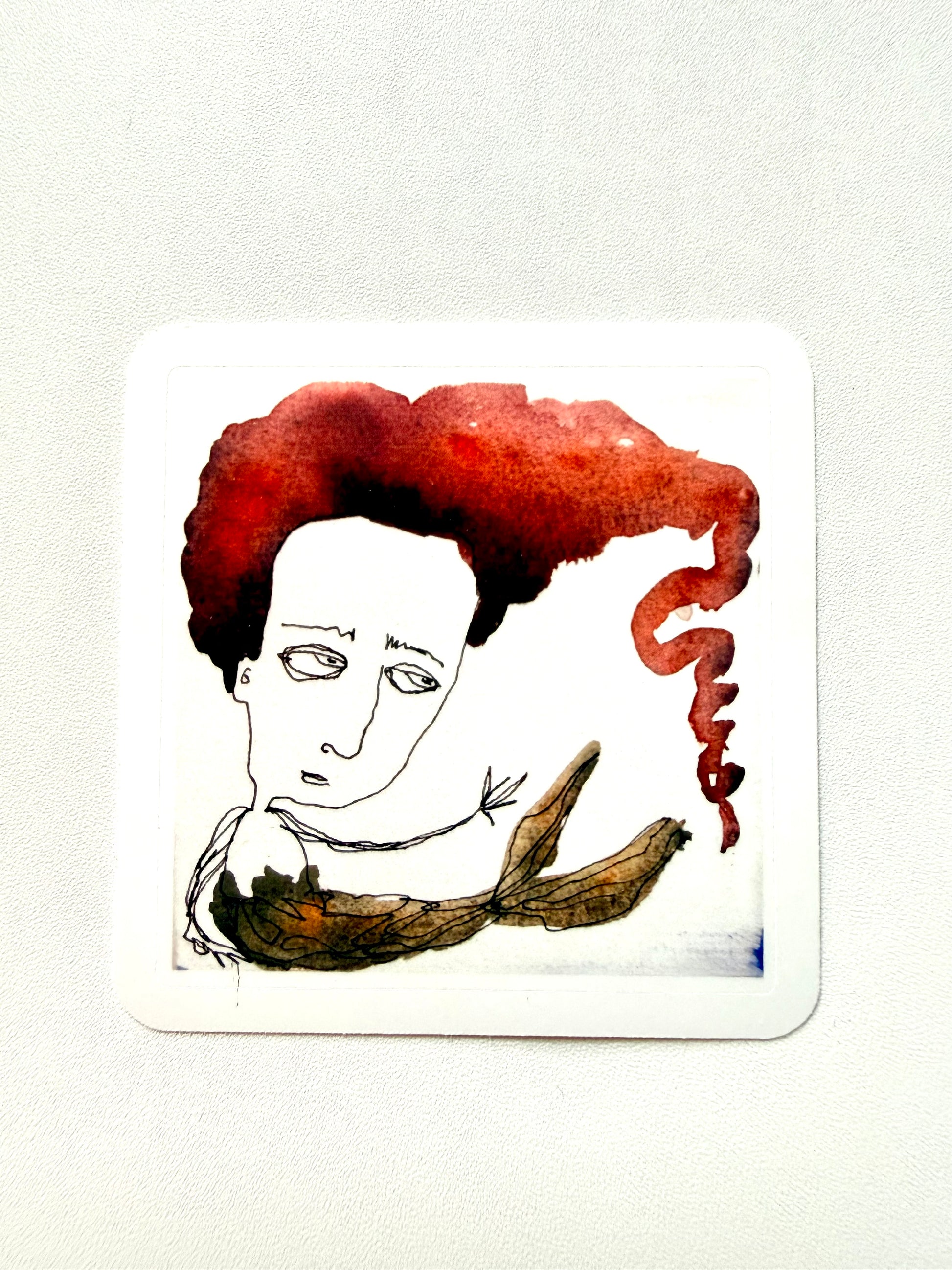 short mermaid with red hair sticker - from watercolor and ink sketch