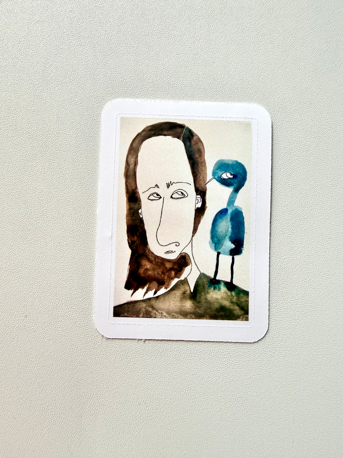 woman portrait with bird sticker- watercolor and ink