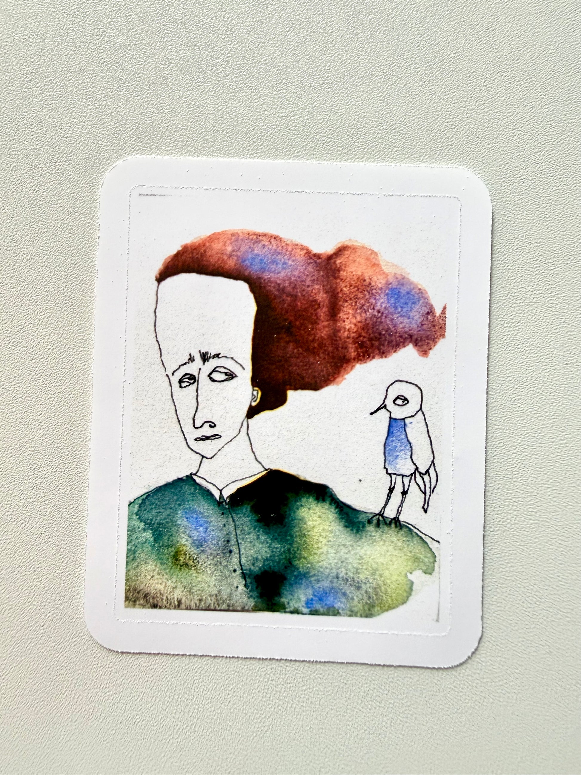 Red Hair Franca with Bird sticker - from watercolor and ink sketch