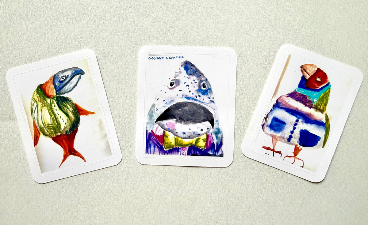 whimsy animals with clothes stickers - pack of 3 - from mixed media sketches