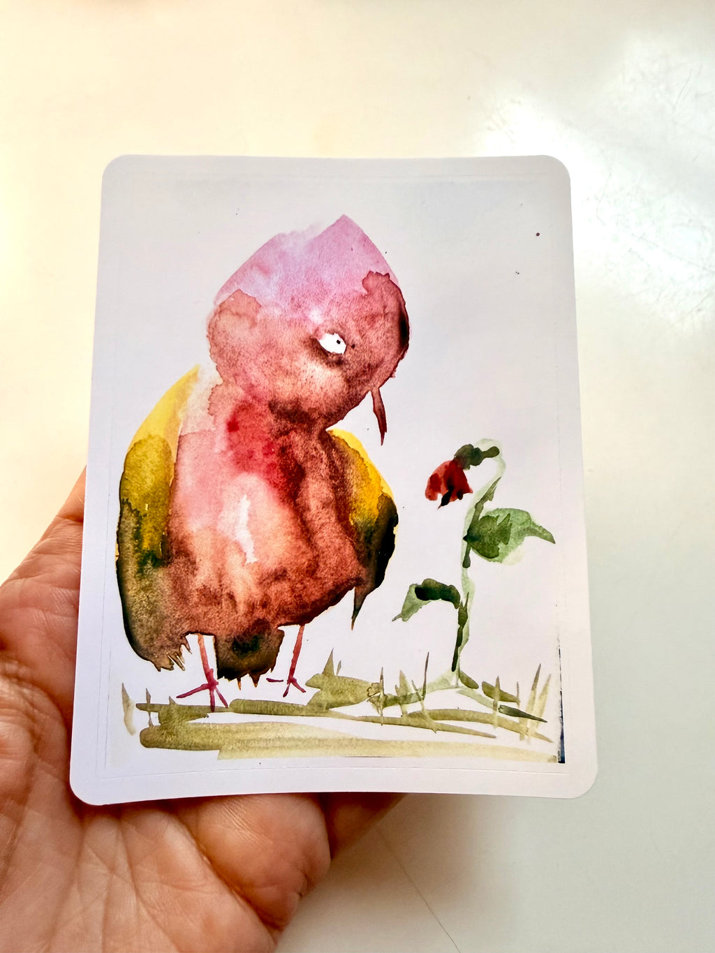 romantic pink bird and a flower sticker, from watercolor sketch