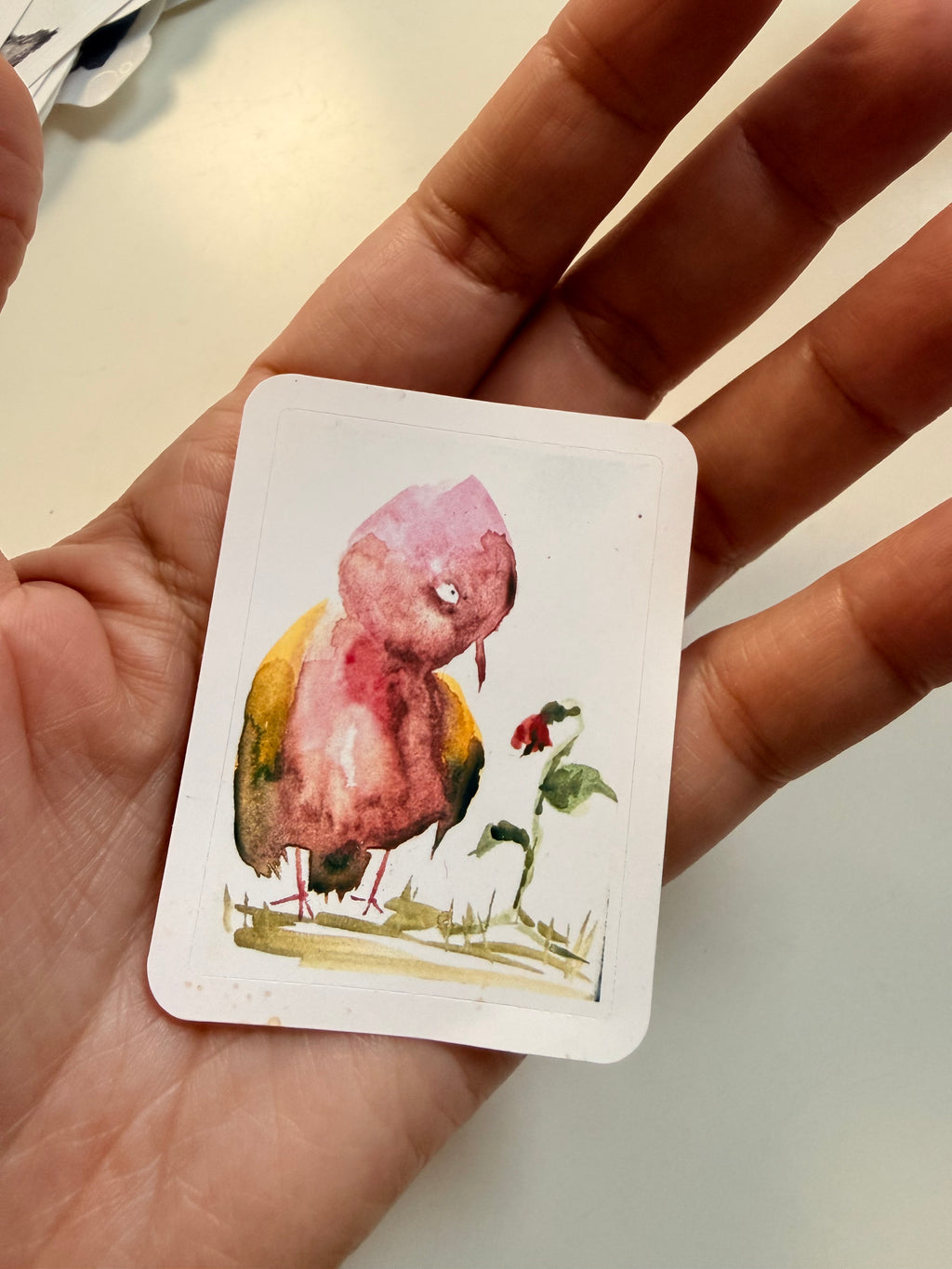 romantic pink bird and a flower sticker, from watercolor sketch