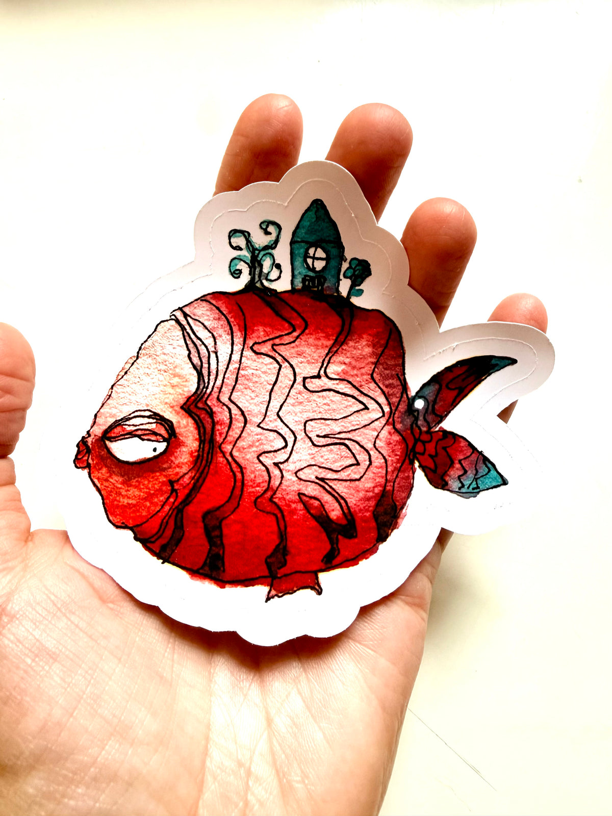 Die cut Red Fish with House and Tree - The Paper Hermit Logo - from watercolor and ink sketch