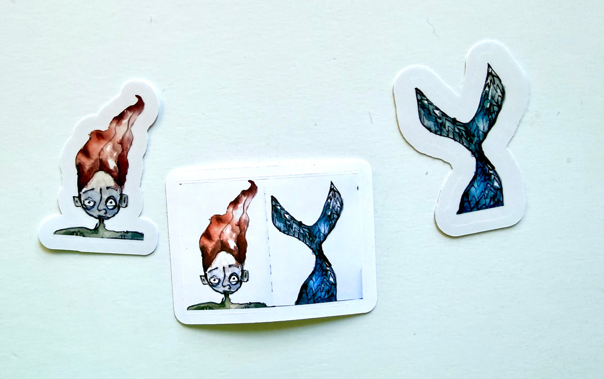 Mermaid on 2 pages stickers - from watercolor painting pack of 3