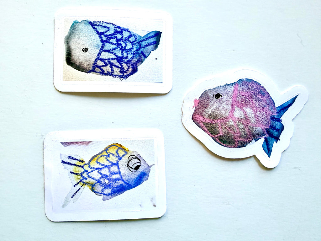 cure lil fish stickers - from mixed media sketched - pack of 3