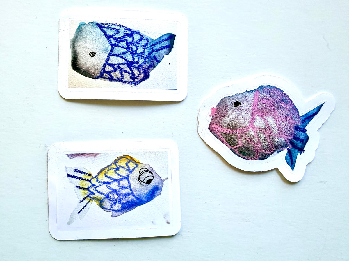 cure lil fish stickers - from mixed media sketched - pack of 3